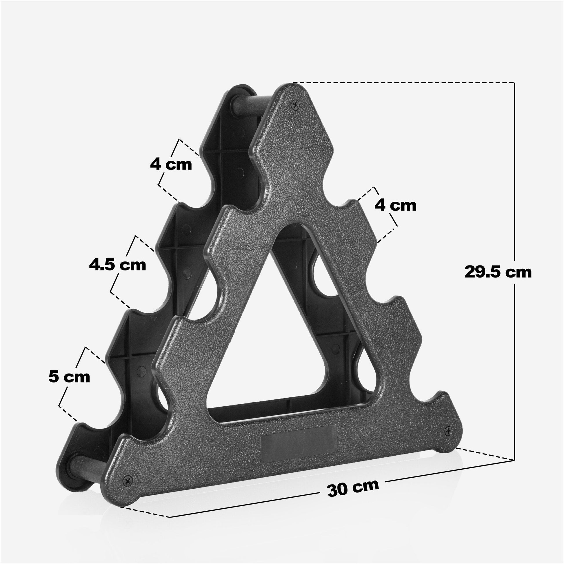 Supporto porta manubri nero in plastica Gorilla Sports con misure, ideale per palestra e fitness.