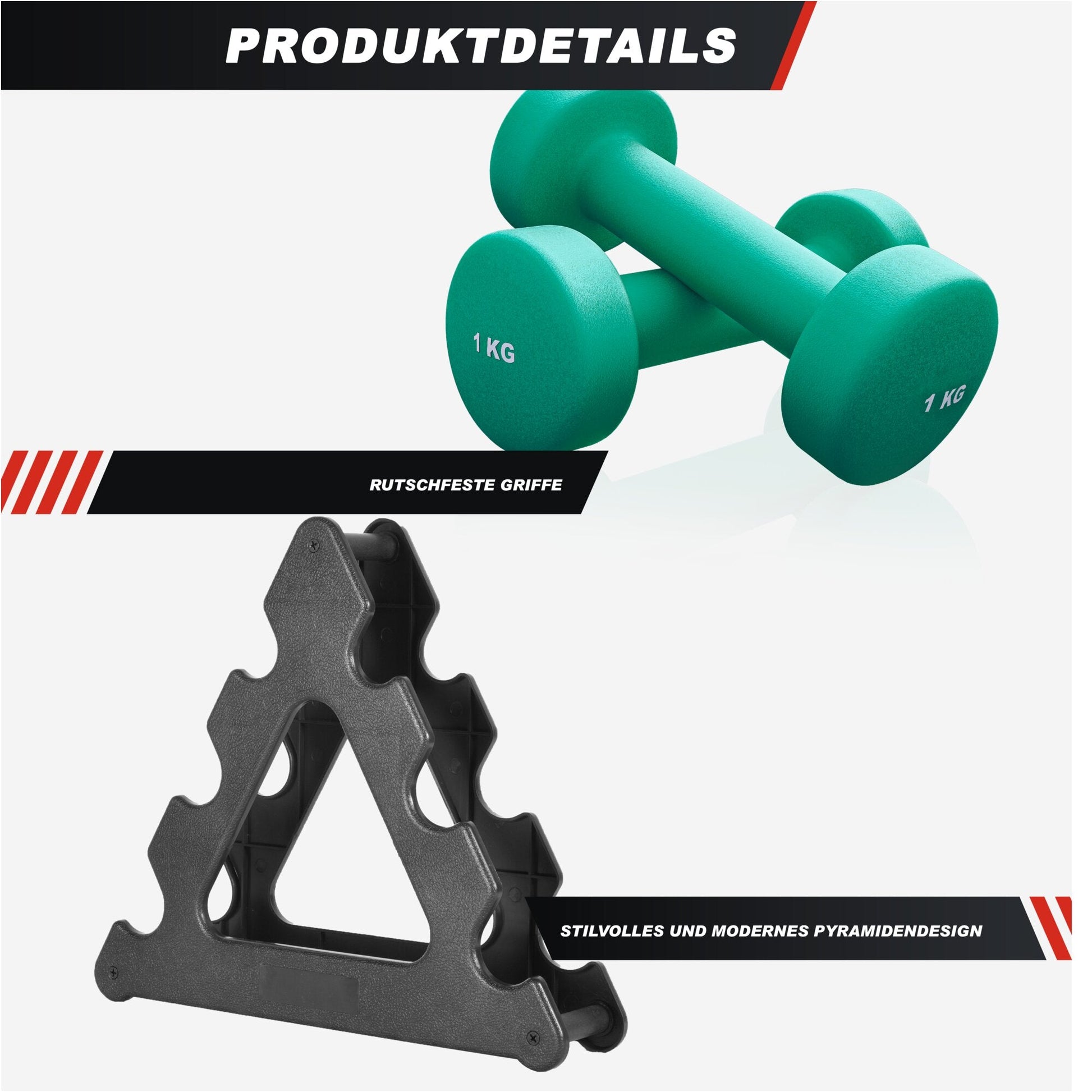 Set manubri 1 kg Gorilla Sports con portamanubri nero piramidale, ideale per fitness e bodybuilding.