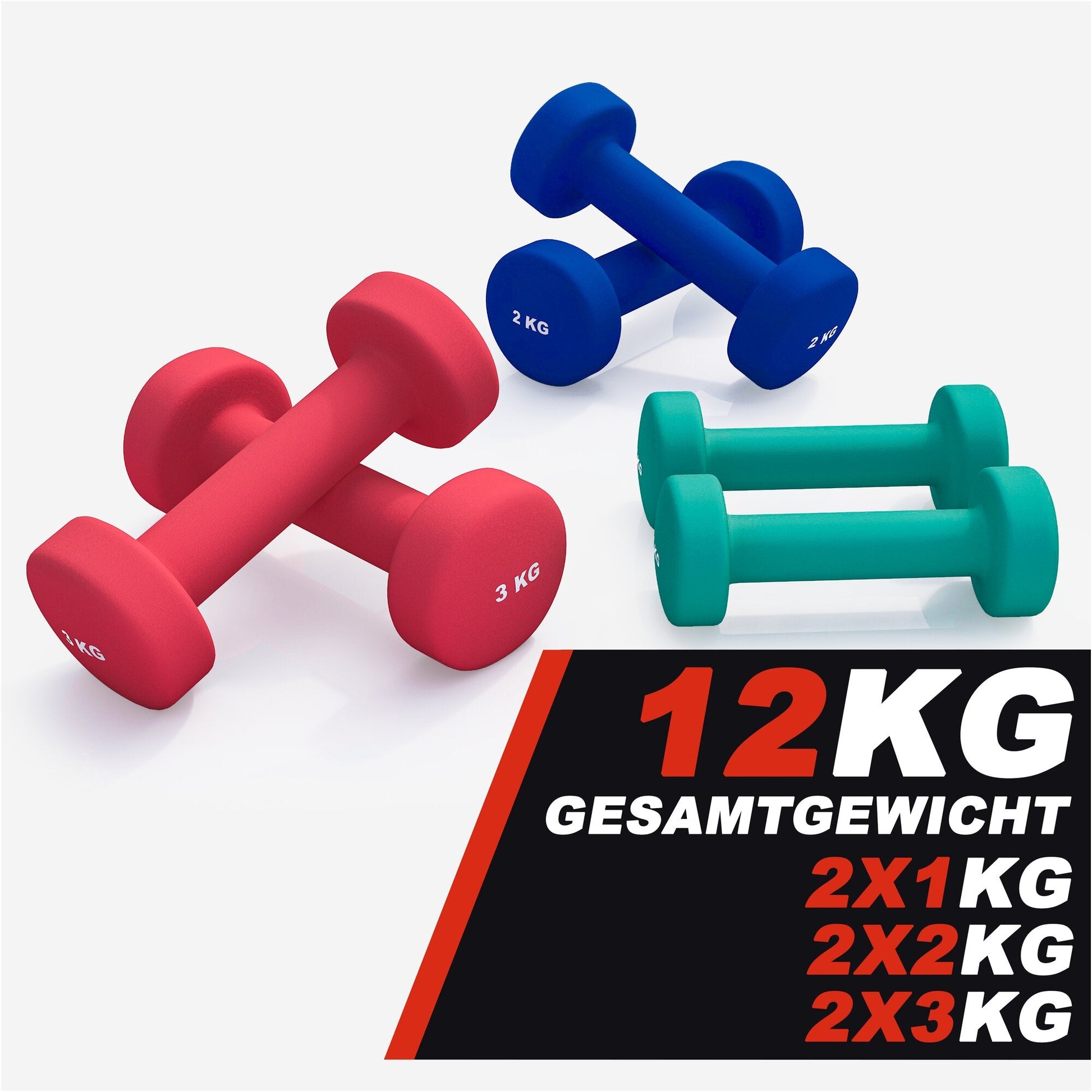 Set manubri colorati Gorilla Sports per fitness, pesi 1kg 2kg 3kg, ideale bodybuilding.