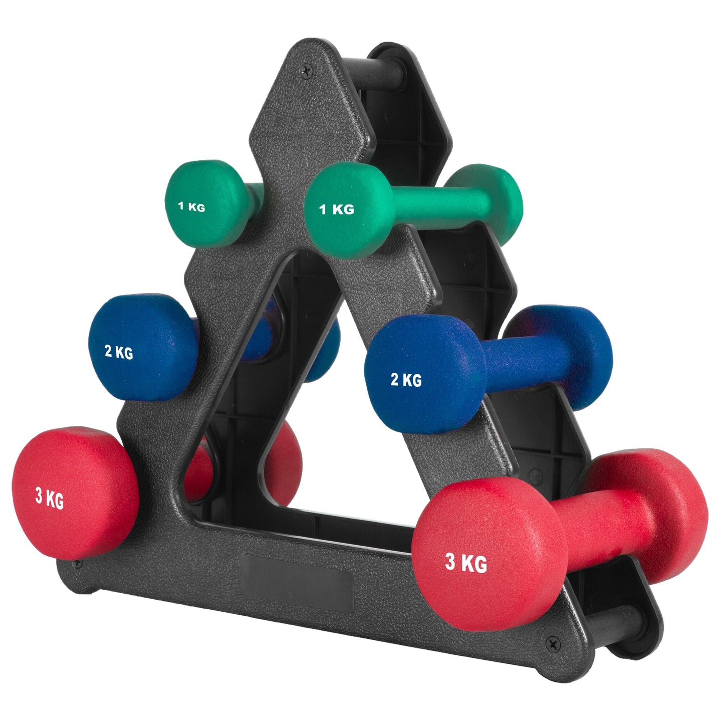 Set manubri colorati Gorilla Sports su supporto nero, pesi 1kg 2kg 3kg, attrezzi fitness