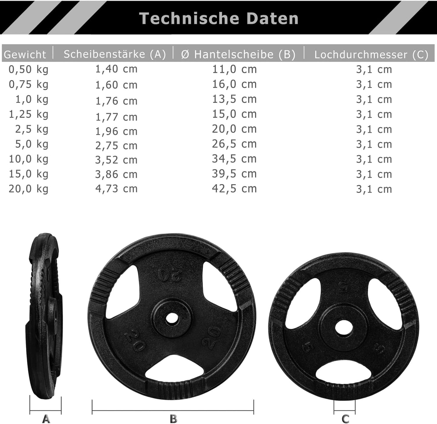 Set Dischi Pesi 30/31 mm, 2 - 30 kg, con impugnatura in ghisa