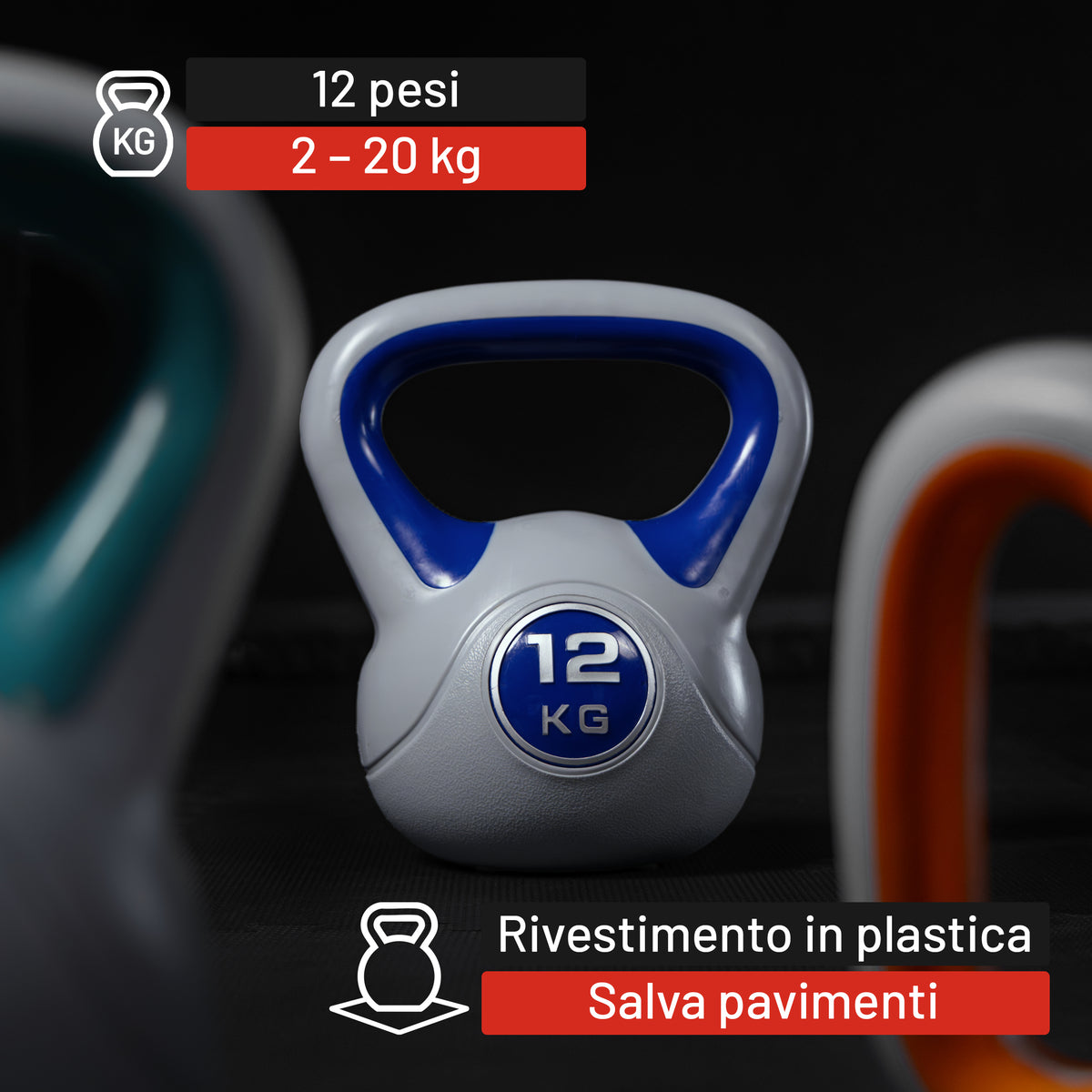 Kettlebell Colorato in Plastica, Peso a Scelta 2-20 kg