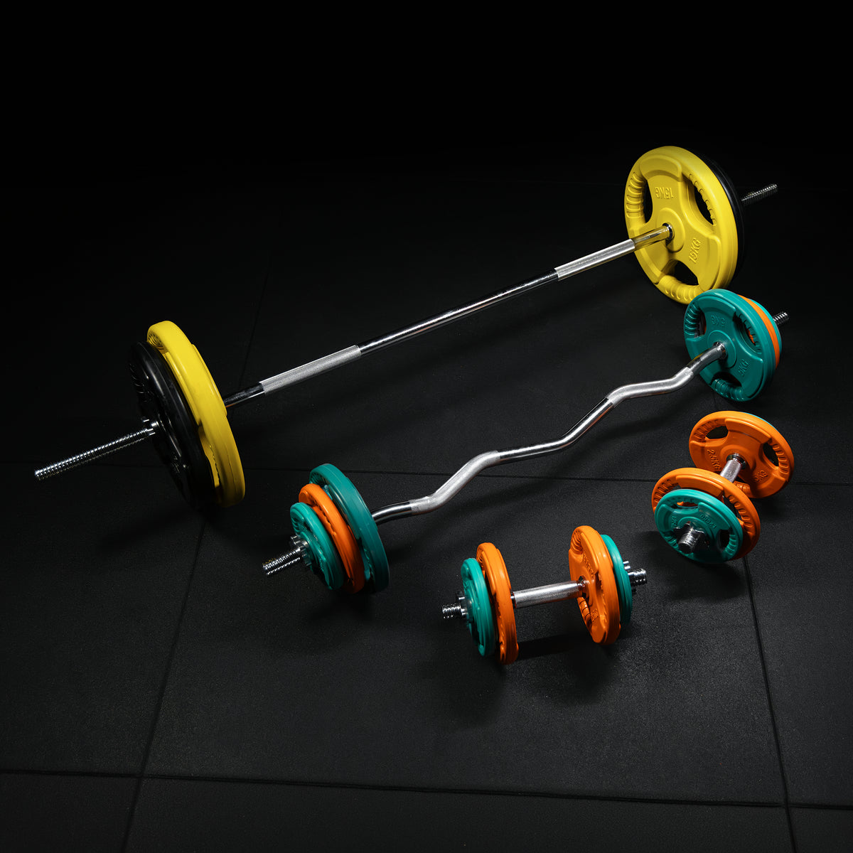 Set Bilanciere, Barra EZ, Manubri e Dischi Gripper Gommati 108 kg